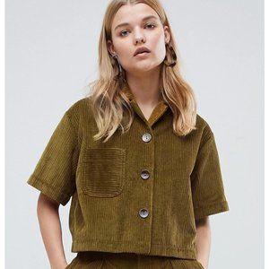 Cropped Corduroy Button Up Shacket in Khaki